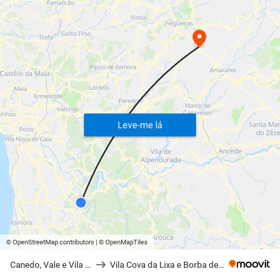 Canedo, Vale e Vila Maior to Vila Cova da Lixa e Borba de Godim map