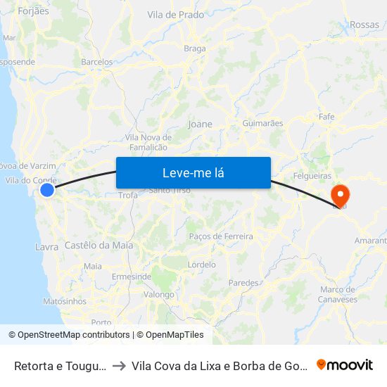 Retorta e Tougues to Vila Cova da Lixa e Borba de Godim map