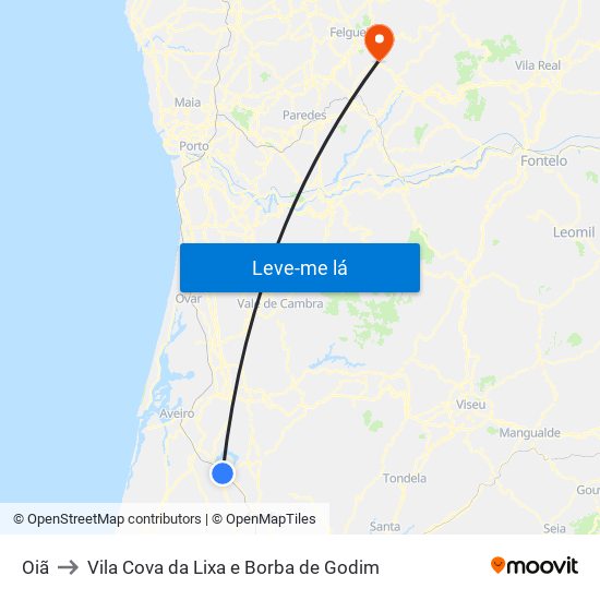 Oiã to Vila Cova da Lixa e Borba de Godim map