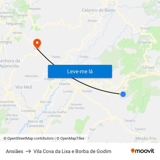 Ansiāes to Vila Cova da Lixa e Borba de Godim map