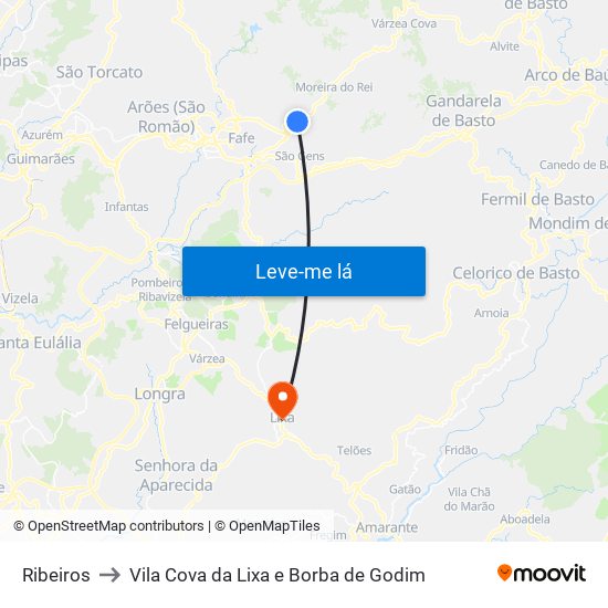 Ribeiros to Vila Cova da Lixa e Borba de Godim map