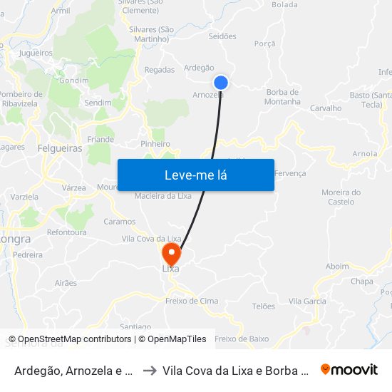 Ardegão, Arnozela e Seidões to Vila Cova da Lixa e Borba de Godim map