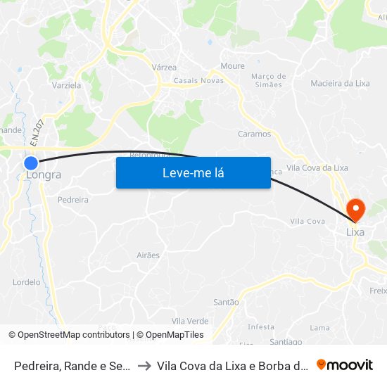 Pedreira, Rande e Sernande to Vila Cova da Lixa e Borba de Godim map