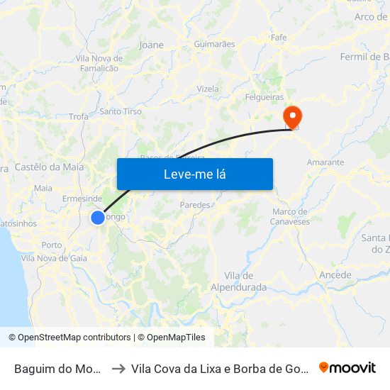 Baguim do Monte to Vila Cova da Lixa e Borba de Godim map