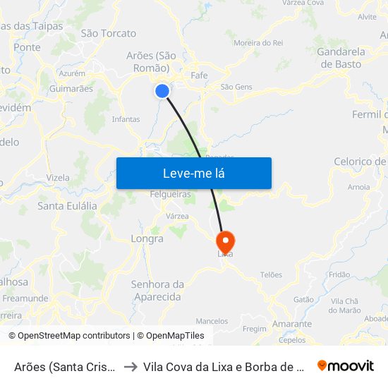 Arões (Santa Cristina) to Vila Cova da Lixa e Borba de Godim map