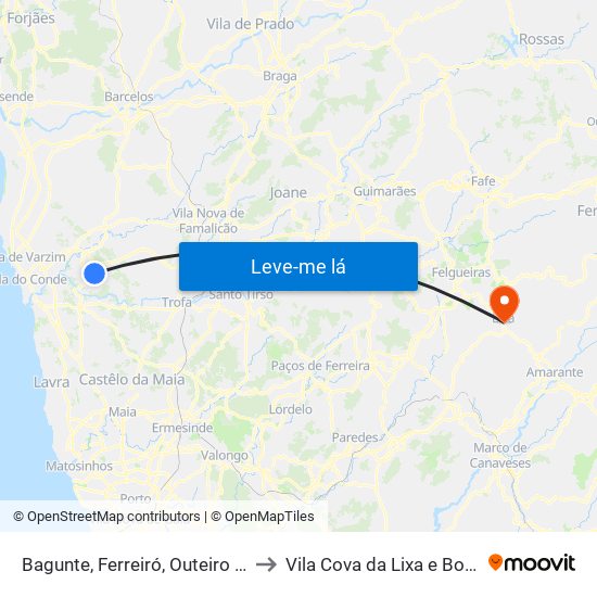 Bagunte, Ferreiró, Outeiro Maior e Parada to Vila Cova da Lixa e Borba de Godim map