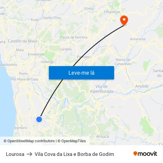Lourosa to Vila Cova da Lixa e Borba de Godim map