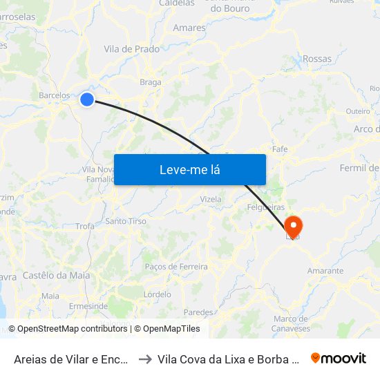 Areias de Vilar e Encourados to Vila Cova da Lixa e Borba de Godim map