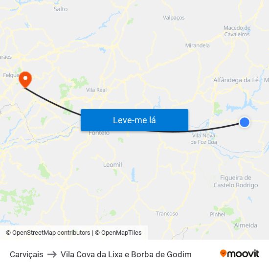 Carviçais to Vila Cova da Lixa e Borba de Godim map