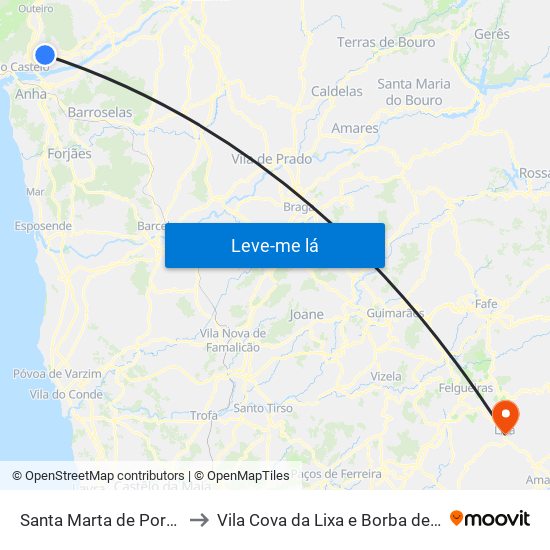 Santa Marta de Portuzelo to Vila Cova da Lixa e Borba de Godim map