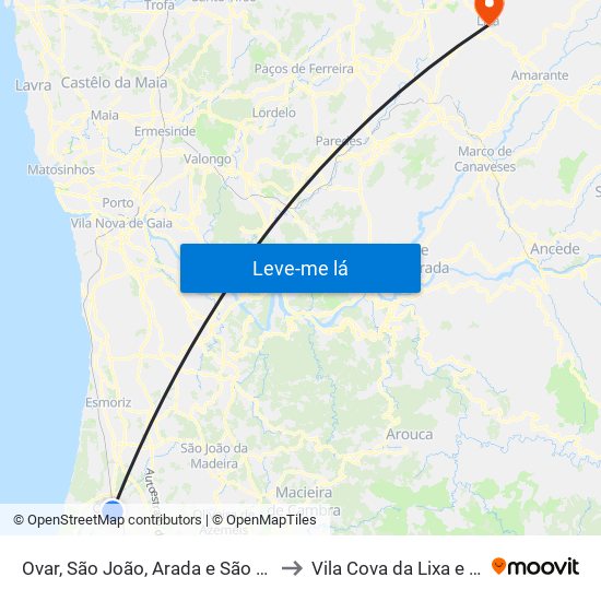 Ovar, São João, Arada e São Vicente de Pereira Jusã to Vila Cova da Lixa e Borba de Godim map