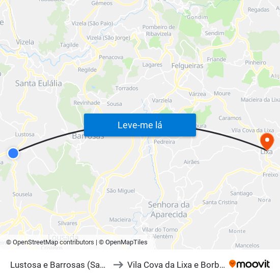Lustosa e Barrosas (Santo Estêvão) to Vila Cova da Lixa e Borba de Godim map
