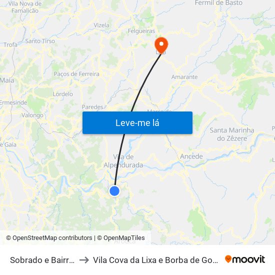 Sobrado e Bairros to Vila Cova da Lixa e Borba de Godim map