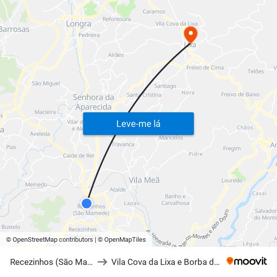 Recezinhos (São Mamede) to Vila Cova da Lixa e Borba de Godim map