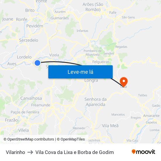 Vilarinho to Vila Cova da Lixa e Borba de Godim map