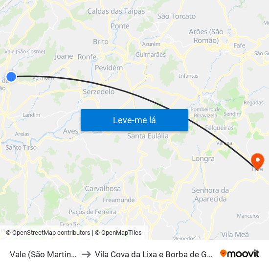 Vale (São Martinho) to Vila Cova da Lixa e Borba de Godim map