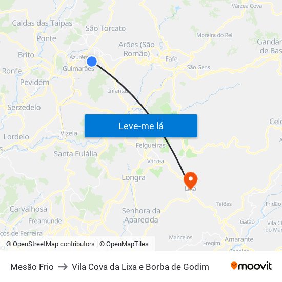 Mesão Frio to Vila Cova da Lixa e Borba de Godim map