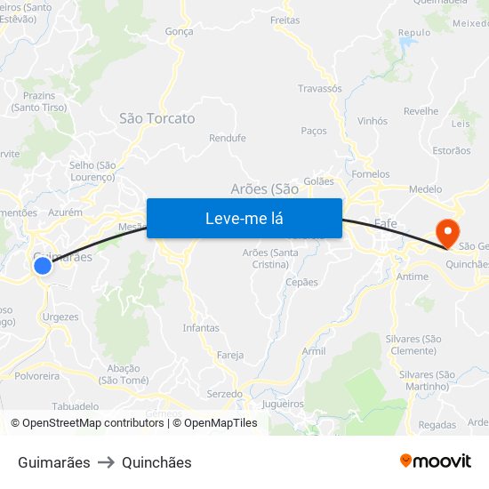 Guimarães to Quinchães map