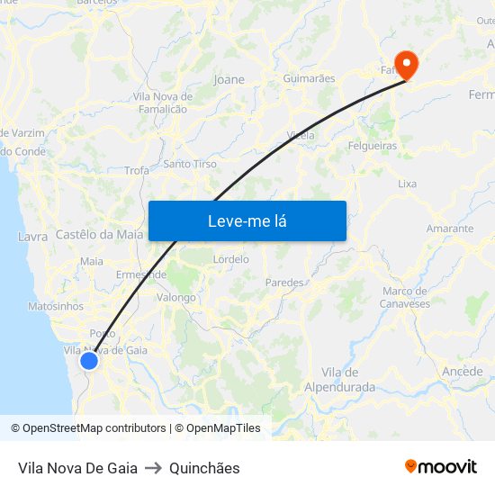 Vila Nova De Gaia to Quinchães map