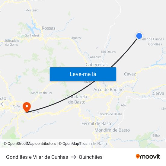 Gondiães e Vilar de Cunhas to Quinchães map