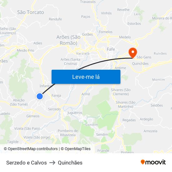 Serzedo e Calvos to Quinchães map