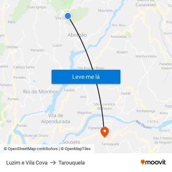 Luzim e Vila Cova to Tarouquela map