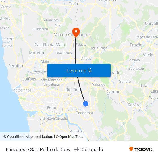Fânzeres e São Pedro da Cova to Coronado map