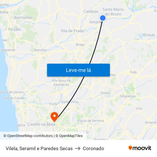 Vilela, Seramil e Paredes Secas to Coronado map