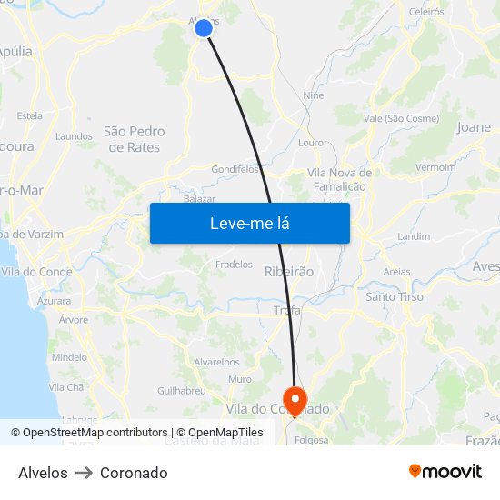 Alvelos to Coronado map