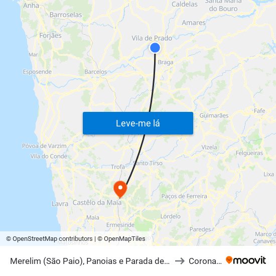 Merelim (São Paio), Panoias e Parada de Tibães to Coronado map