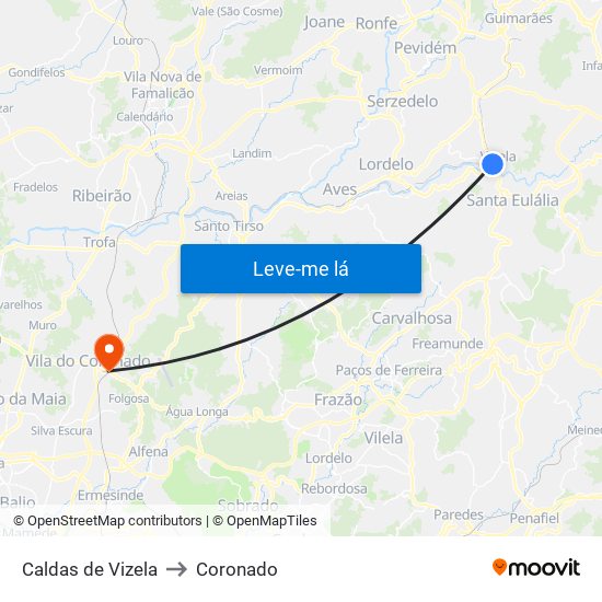Caldas de Vizela to Coronado map