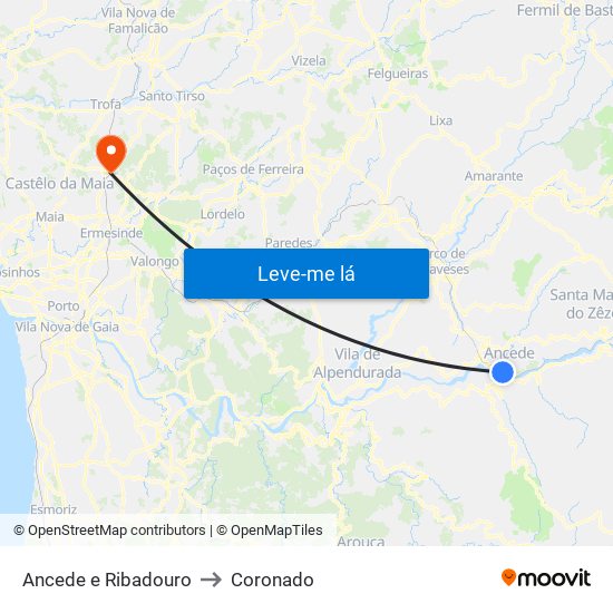 Ancede e Ribadouro to Coronado map