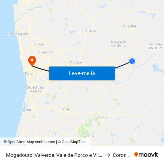 Mogadouro, Valverde, Vale de Porco e Vilar de Rei to Coronado map