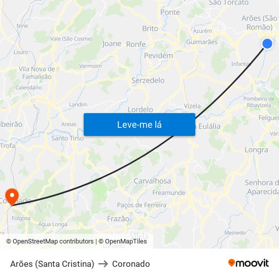 Arões (Santa Cristina) to Coronado map