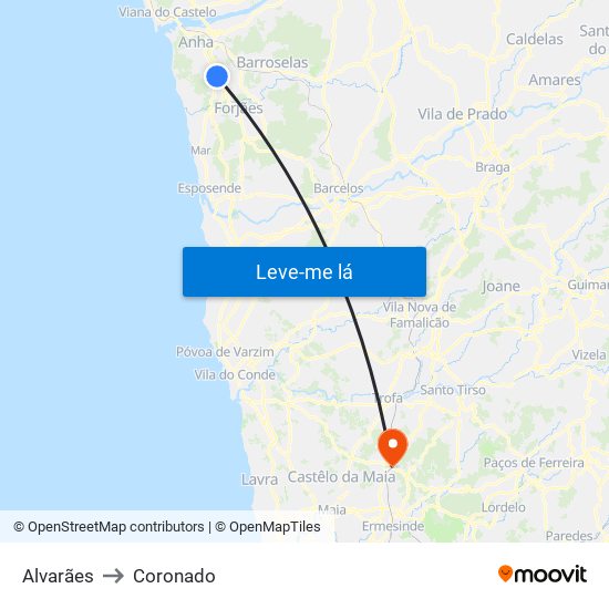 Alvarães to Coronado map