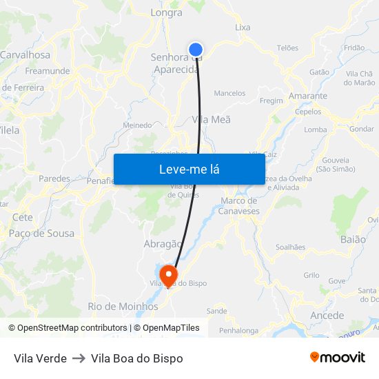 Vila Verde to Vila Boa do Bispo map