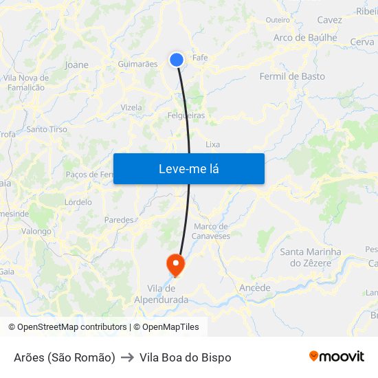 Arões (São Romão) to Vila Boa do Bispo map