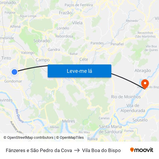 Fânzeres e São Pedro da Cova to Vila Boa do Bispo map