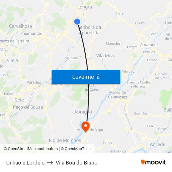 Unhão e Lordelo to Vila Boa do Bispo map