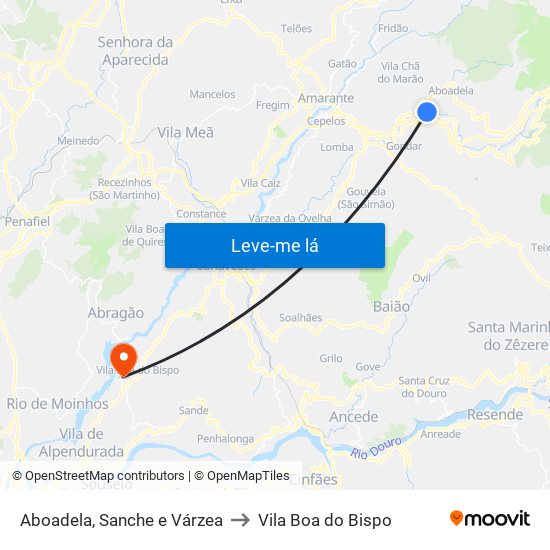 Aboadela, Sanche e Várzea to Vila Boa do Bispo map