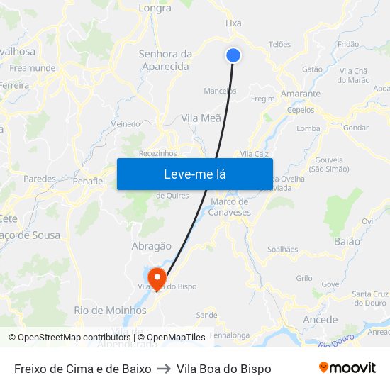 Freixo de Cima e de Baixo to Vila Boa do Bispo map