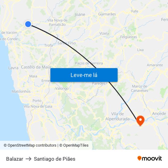 Balazar to Santiago de Piães map