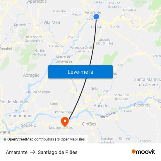 Amarante to Santiago de Piães map