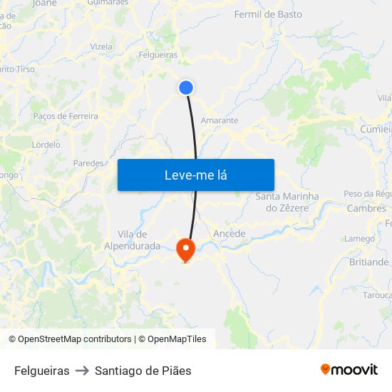 Felgueiras to Santiago de Piães map