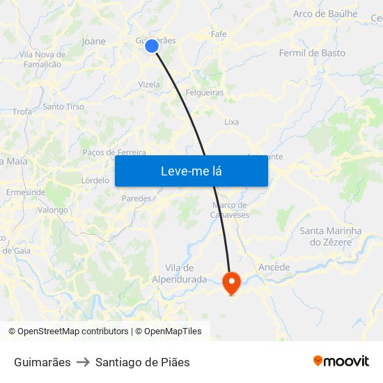 Guimarães to Santiago de Piães map