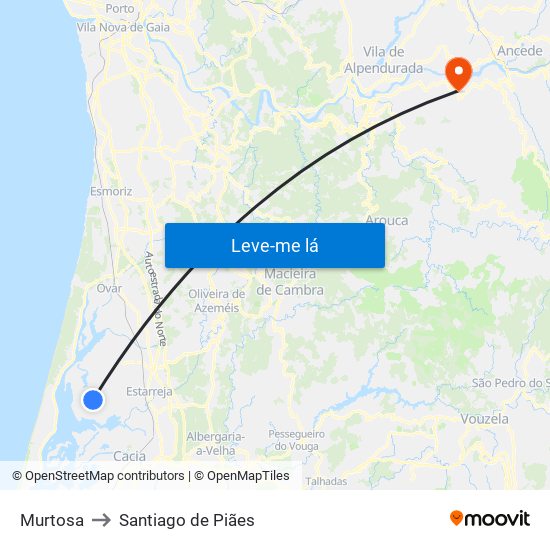 Murtosa to Santiago de Piães map