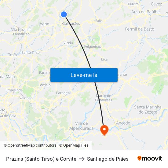 Prazins (Santo Tirso) e Corvite to Santiago de Piães map