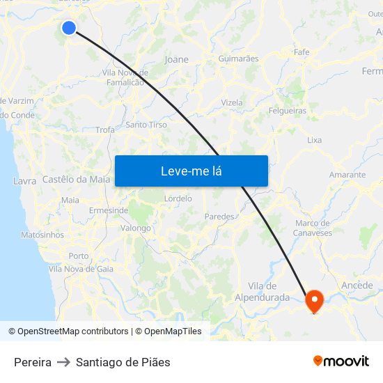 Pereira to Santiago de Piães map