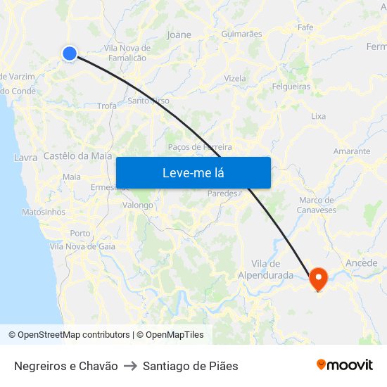 Negreiros e Chavão to Santiago de Piães map