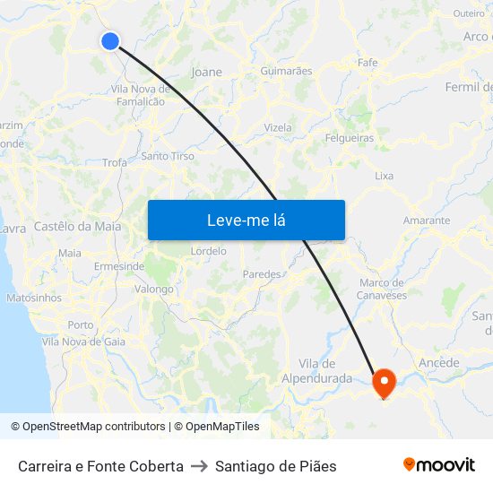 Carreira e Fonte Coberta to Santiago de Piães map